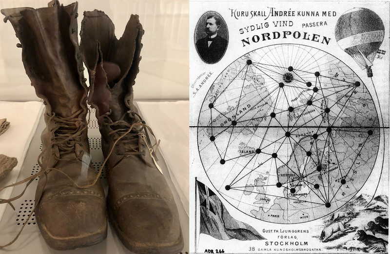 Left: boots recovered from Andree’s balloon expedition at the Fram Museum. Right: a boardgame about Andree’s balloon trip.